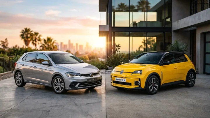 Vergleich zwischen einem VW ID. Polo und einem Renault R5 E-Tech Elektro-Kleinwagen.