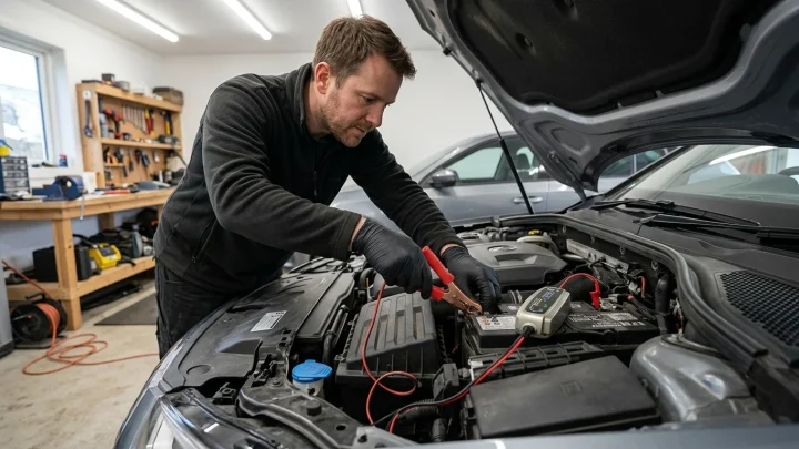 Moderne Autobatterie im Motorraum mit angeschlossenem Ladegerät