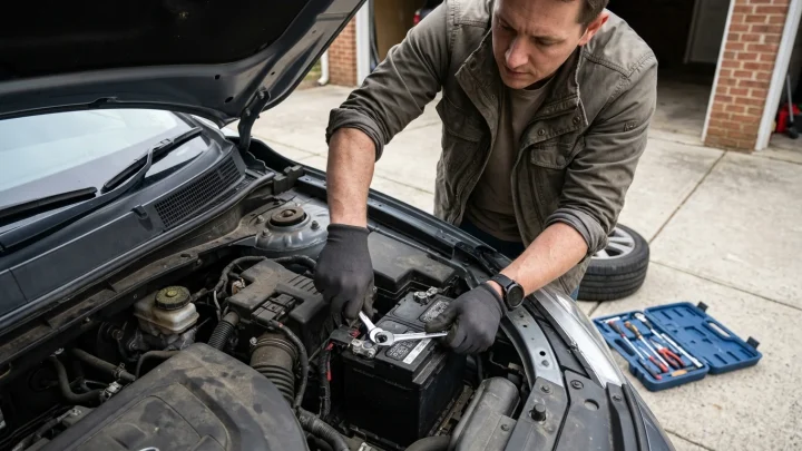 Autobatterie im Motorraum wird mit Schraubenschlüssel gewechselt