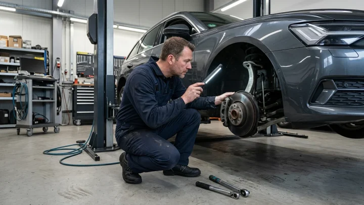 Ein gebrauchter BMW 3er Touring steht zur technischen Begutachtung auf einer Hebebühne