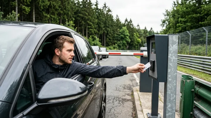 Fahrzeuge an der Schranke der Zufahrt zur Nürburgring Nordschleife