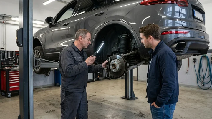 Porsche Cayenne auf einer Hebebühne zur technischen Inspektion