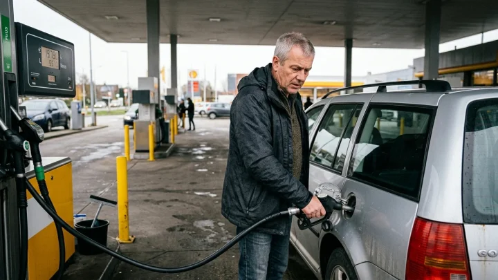 Zapfsäule an einer Tankstelle mit digitaler Preisanzeige für Benzin und Diesel