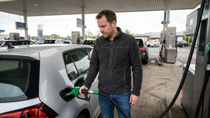 Zapfpistole an einer Tankstelle beim Tanken von Super E10