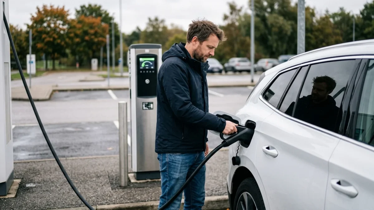 Tesla Model Y an einer Schnellladestation während des Ladevorgangs