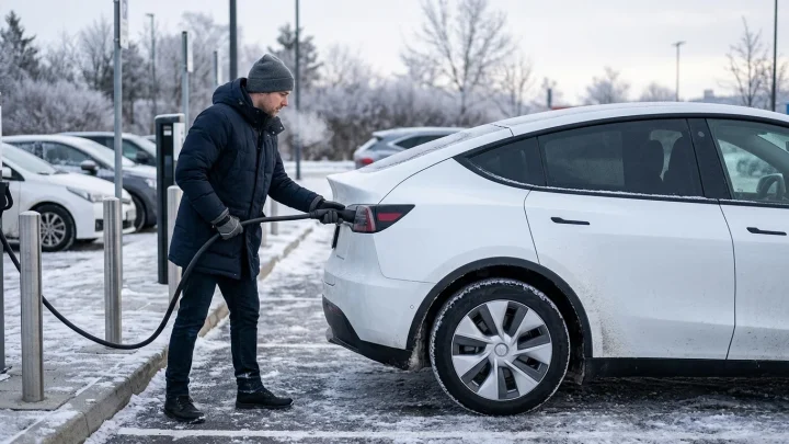 Tesla Model Y an einer Ladestation bei winterlichen Temperaturen