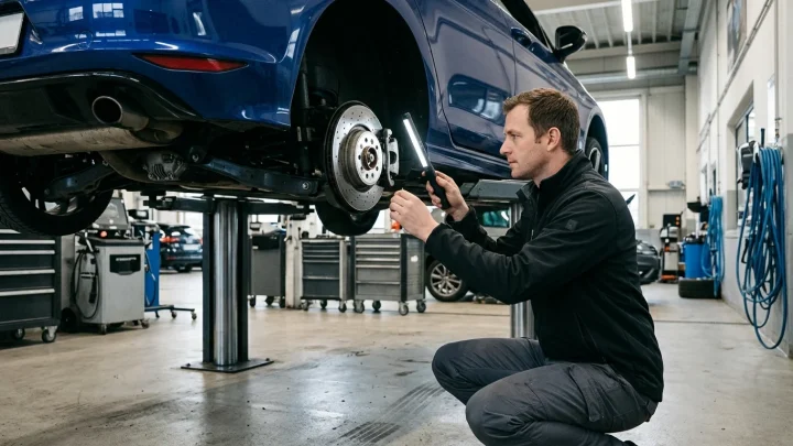 Gebrauchter VW Golf 8 R in Lapiz Blau bei der Fahrzeugbesichtigung