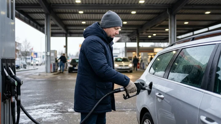 Zapfpistole an einer Tankstelle beim Betanken eines Fahrzeugs im Winter