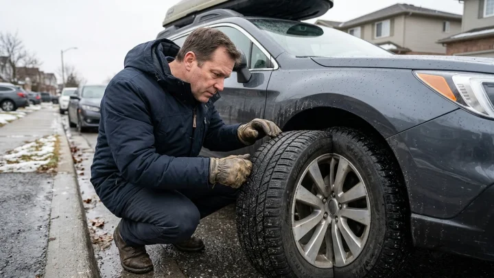 Nahaufnahme von Reifenprofil eines Winterreifens mit Lamellen und Profiltiefenmesser