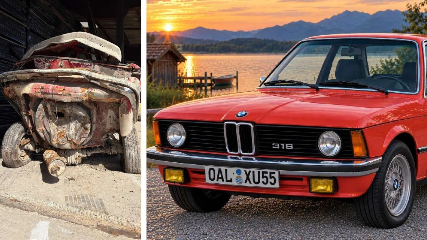 Die Polizei rekonstruierte mithilfe von KI den BMW, wie er einmal aussah, mitsamt Kennzeichen. Nach einer Verwechslung am Schrottplatz ist der Youngtimer jetzt ein Schrottknäuel.
